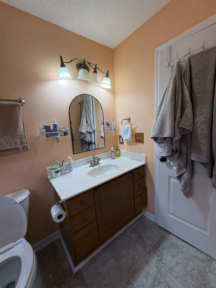 Bathroom with peach walls, an old vanity light bar and arched mirror, before the refresh