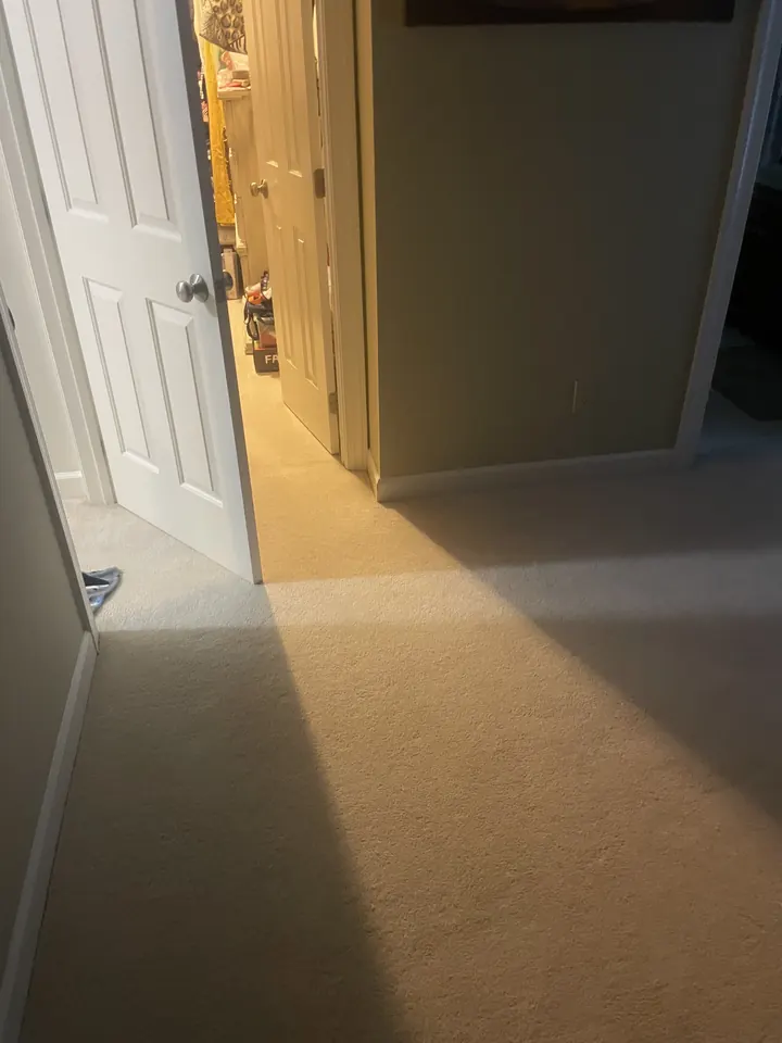 Upstairs hallway with beige carpet, before new flooring