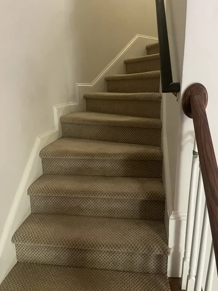 Carpeted staircase with worn treads, before the remodel in Raleigh, NC