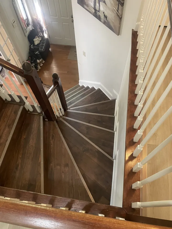 Looking down the finished staircase and winder steps from the landing